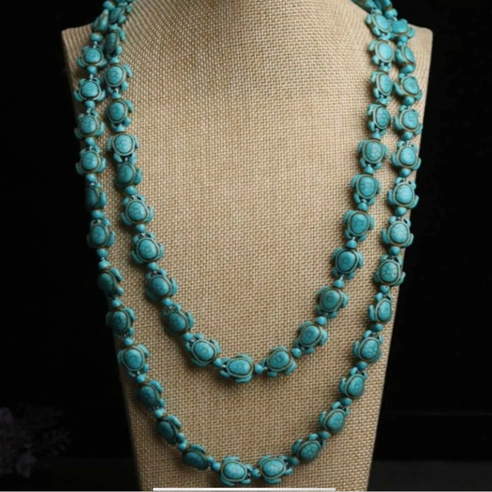 Long Turquoise Carved Turtle Charm Necklace